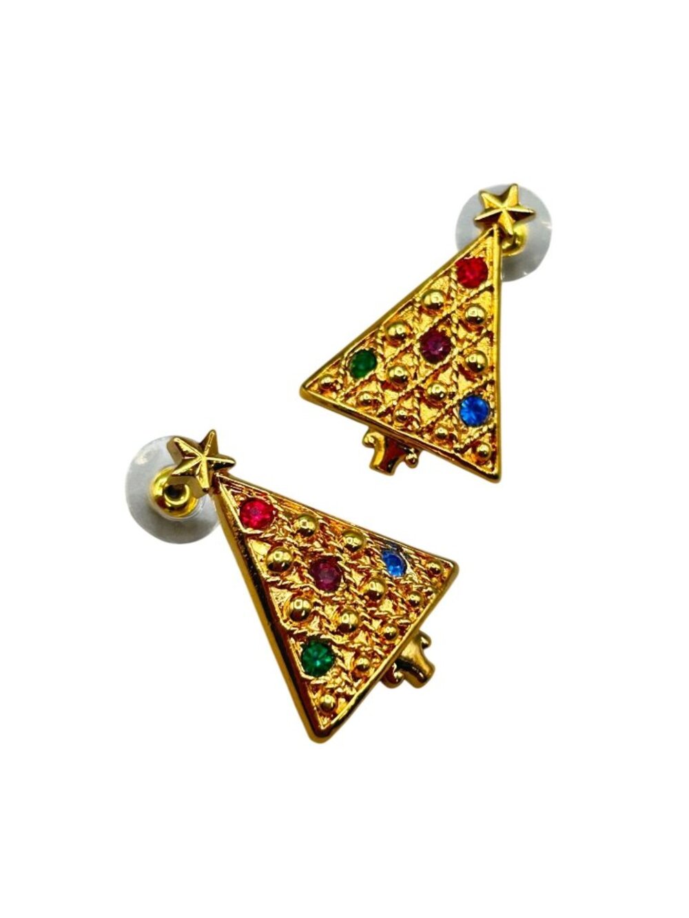 Vintage AVON Christmas Tree Earrings Gold Tone Red Green Blue Rhinestones